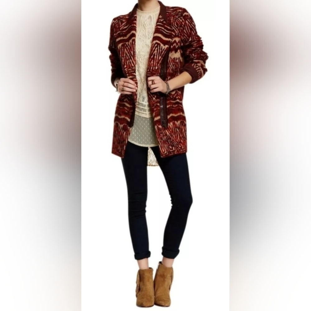 Free People Red Combo Tribal Aztec Boho Western Wool Blend Coat Size L